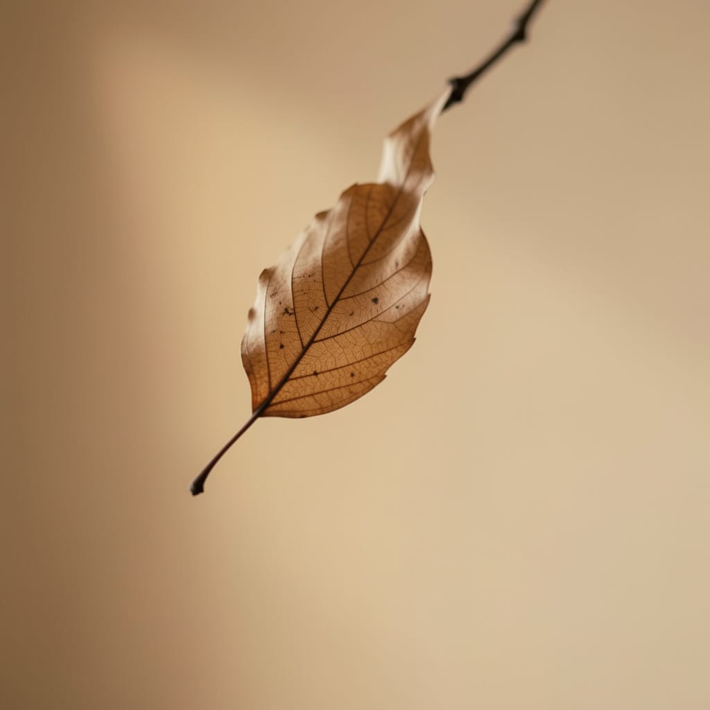 Feuille morte suspendue sur fond beige